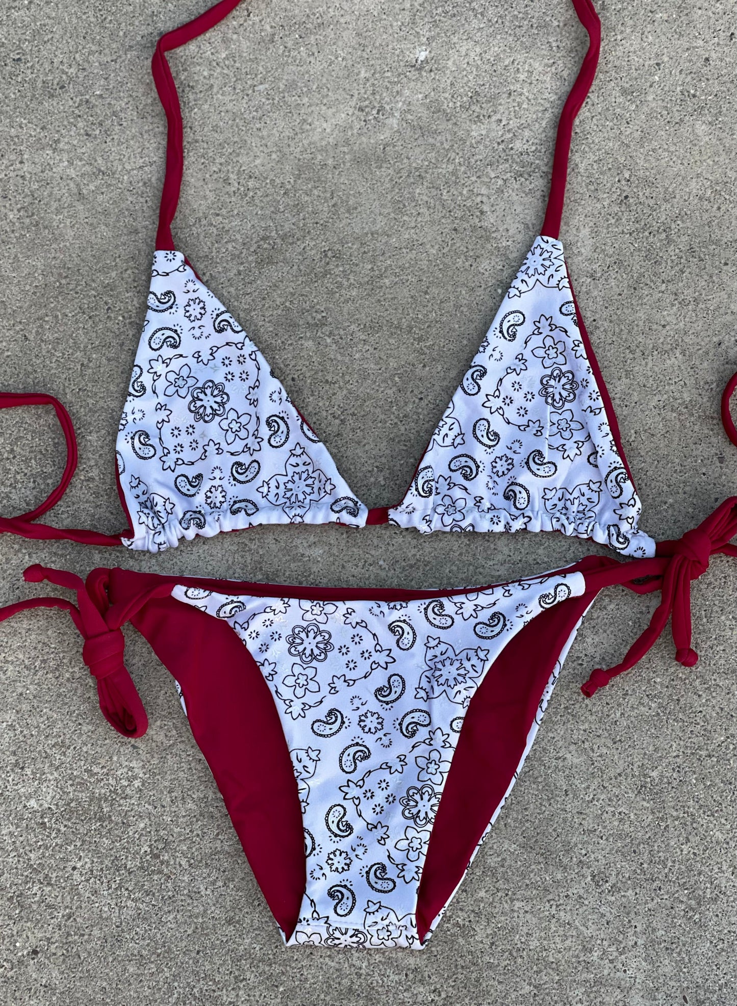 Burgundy and White Paisley Swimsuit