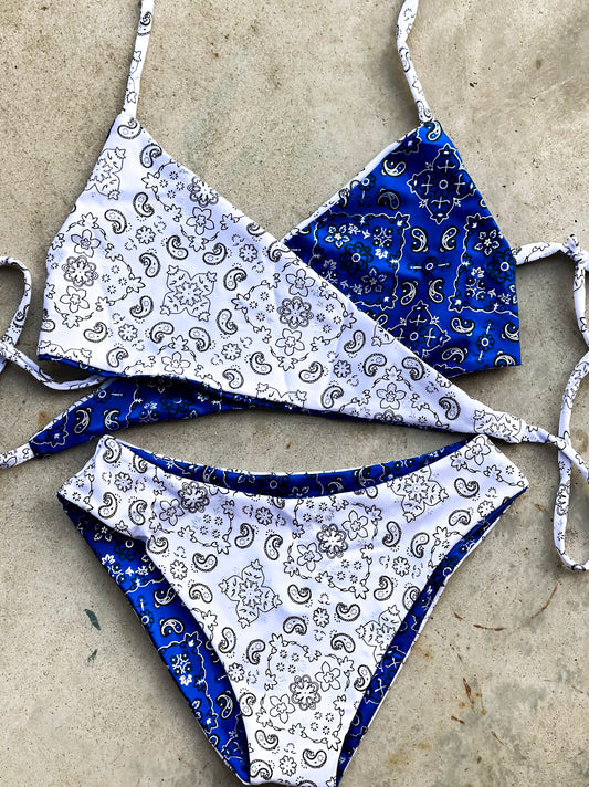 Blue and White Paisley Swimsuit