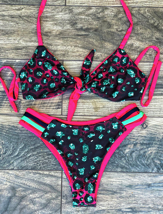 Reversible Burgundy Glitter Cheetah Bikini